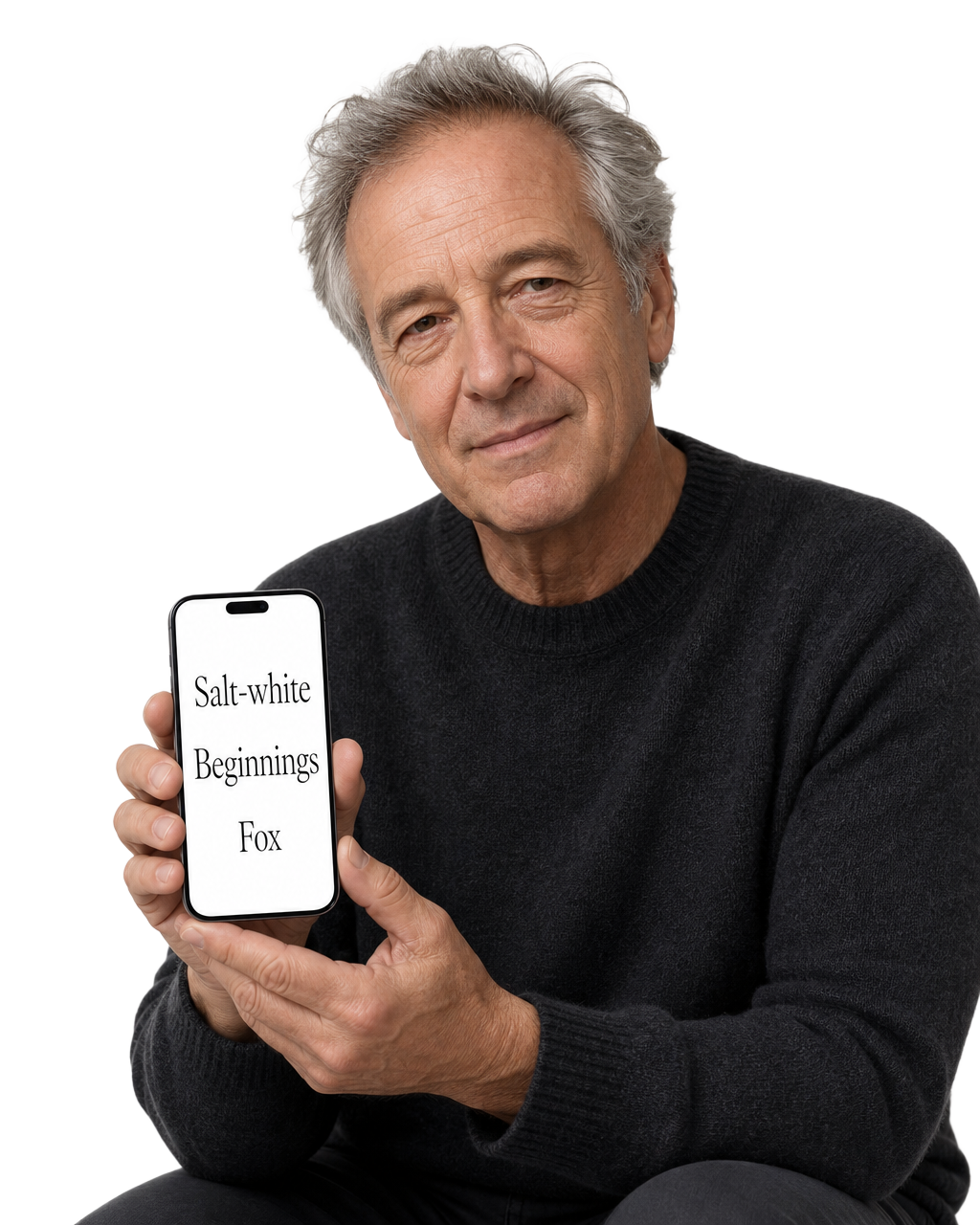 An older man half-smiling at his phone, which reads Salt-white, Beginnings, Fox