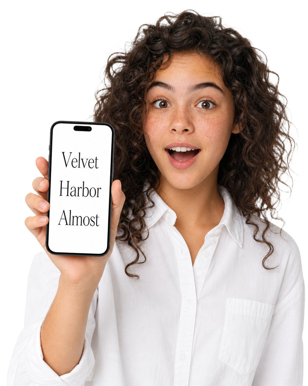 A teenager delighted by her phone, which reads Velvet, Harbor, Almost