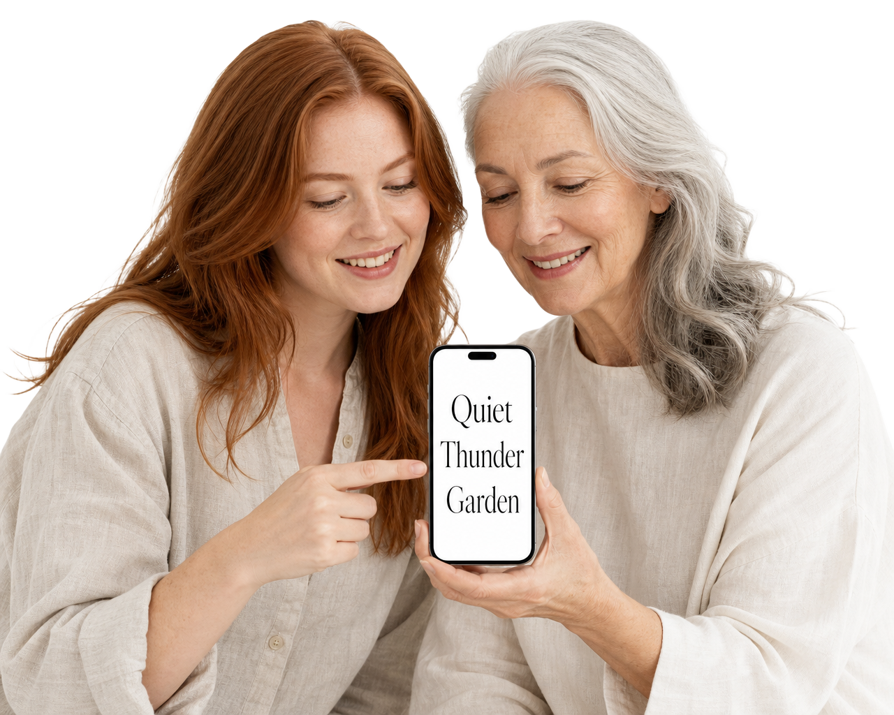 Two friends leaning together over a phone, which reads Quiet, Thunder, Garden